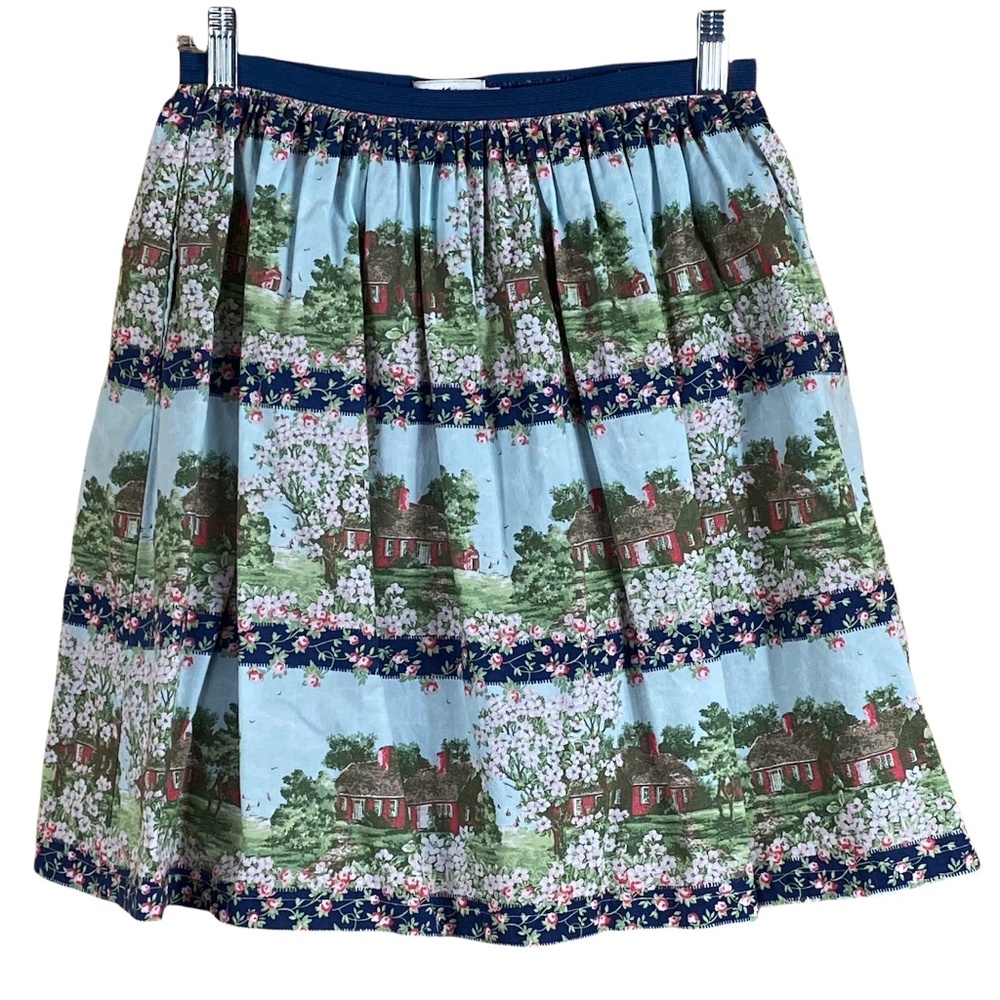 Cath Kidston English Cottage Print Full Skirt XS Blue Elastic Waist Pocket Lined